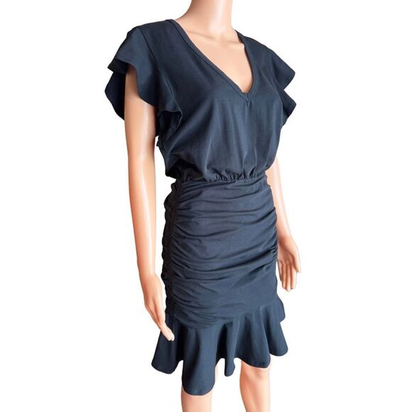Veronica Beard Lisette Mini Dress S Black Ruched Ruffle V-Neck Stretch Party LBD - Picture 8 of 10